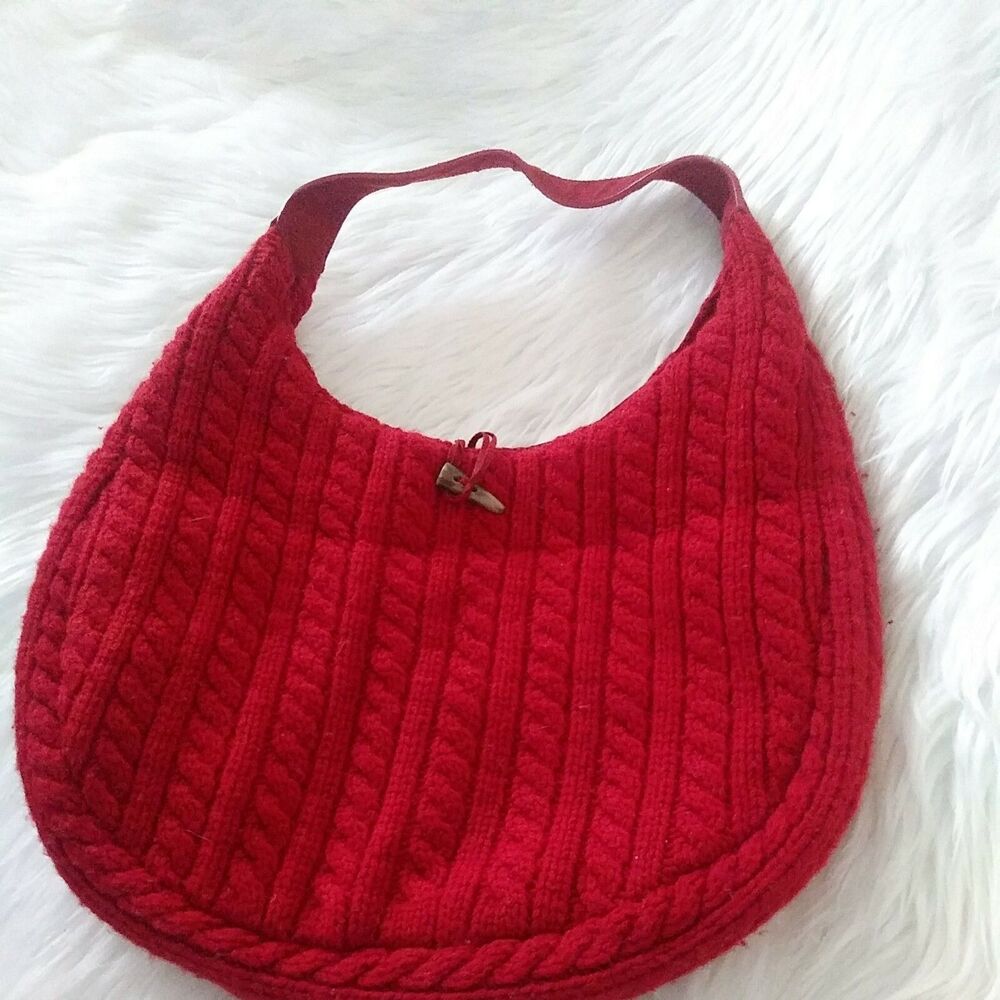 GAP Red Cable Knit Lambswool Hobo Shoulder Bag Suede Strap Toggle Y2K Vintage